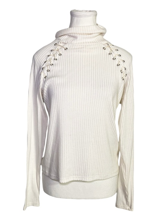 Poof! Sweaters - Poof Cream Ribbed Lace-Up Shoulder Turtleneck Size Small